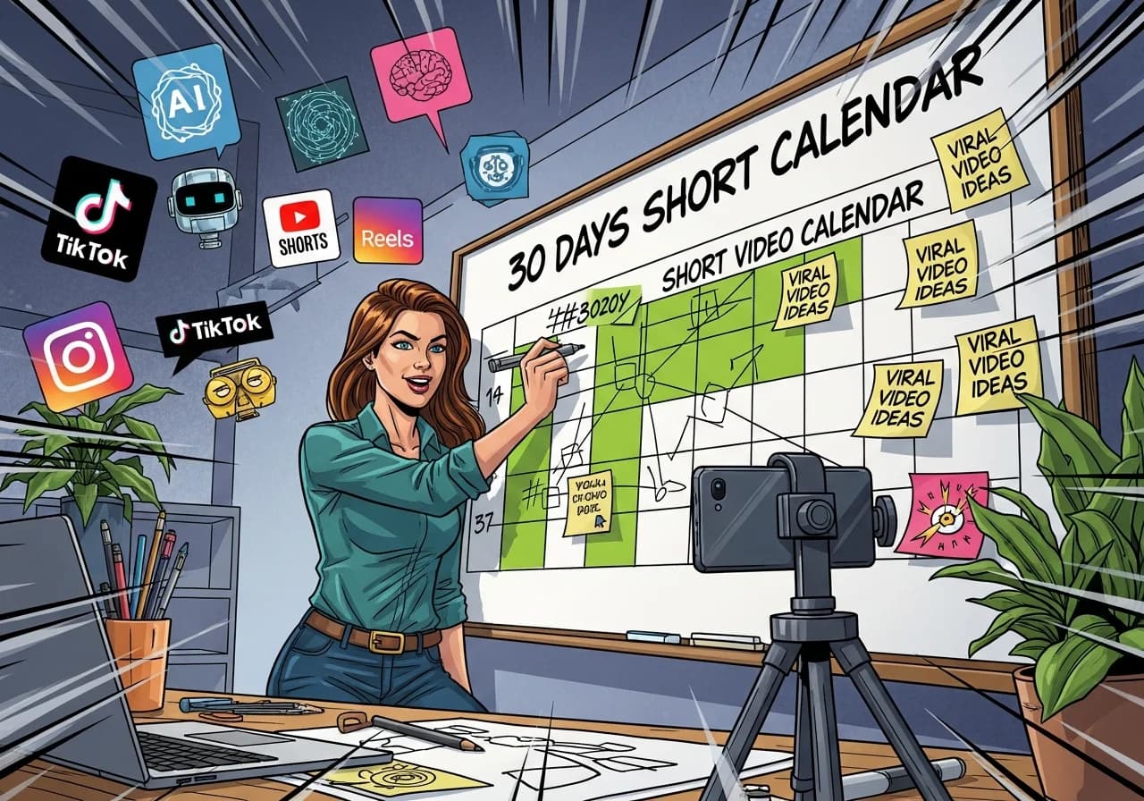 Cover Image for A business owner mapping out a 30-day short video content calendar on a whiteboard, surrounded by AI icons and social media logos (TikTok, YouTube Shorts, Instagram Reels), with a smartphone on a tripod and sticky notes for viral video ideas in a creative workspace.