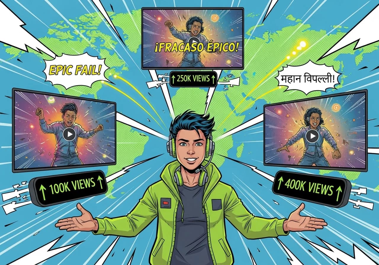 Cover Image for Dynamic split-screen thumbnail showing the same viral short simultaneously playing in English, Spanish, and Hindi with real-time view counters exploding upward—English at 100K views, Spanish at 250K views, Hindi at 400K views—against a world map background with glowing connection lines between continents, representing global reach through multilingual content strategy. The central creator's silhouette stands confidently with arms crossed as engagement metrics and currency symbols float around them, visualizing the revenue potential of multilingual shorts.