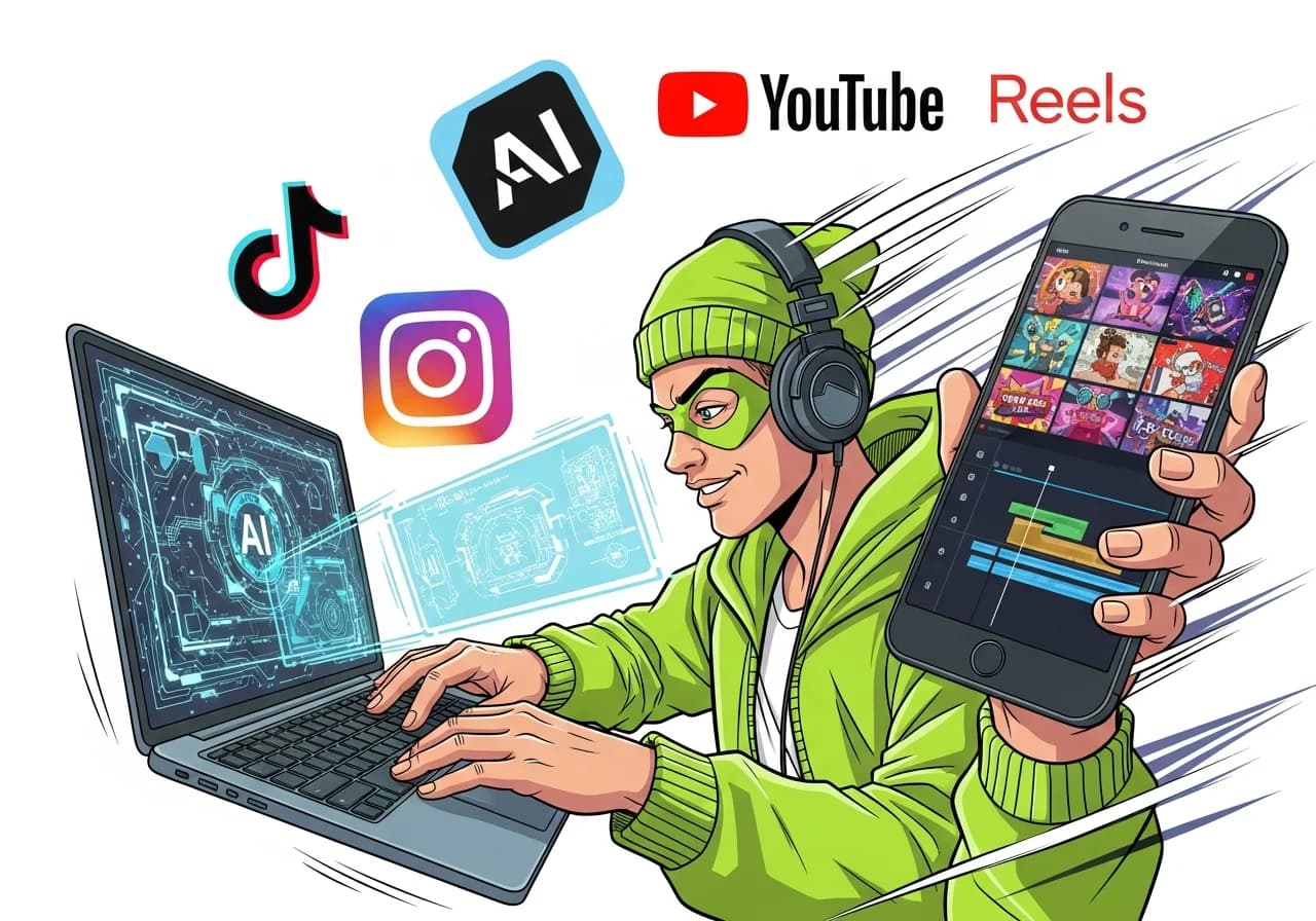Cover Image for Digital collage of a content creator using a laptop with AI graphics, a smartphone showing a short video timeline, and logos of TikTok, YouTube Shorts, and Instagram Reels, illustrating modern short-form video production.